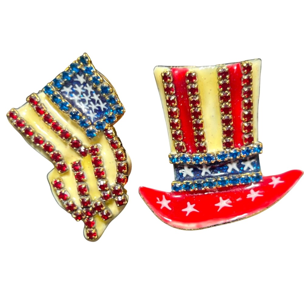 Lunch at the Ritz Patriotic American Flag 4th of July Hat Rhinestone Earrings